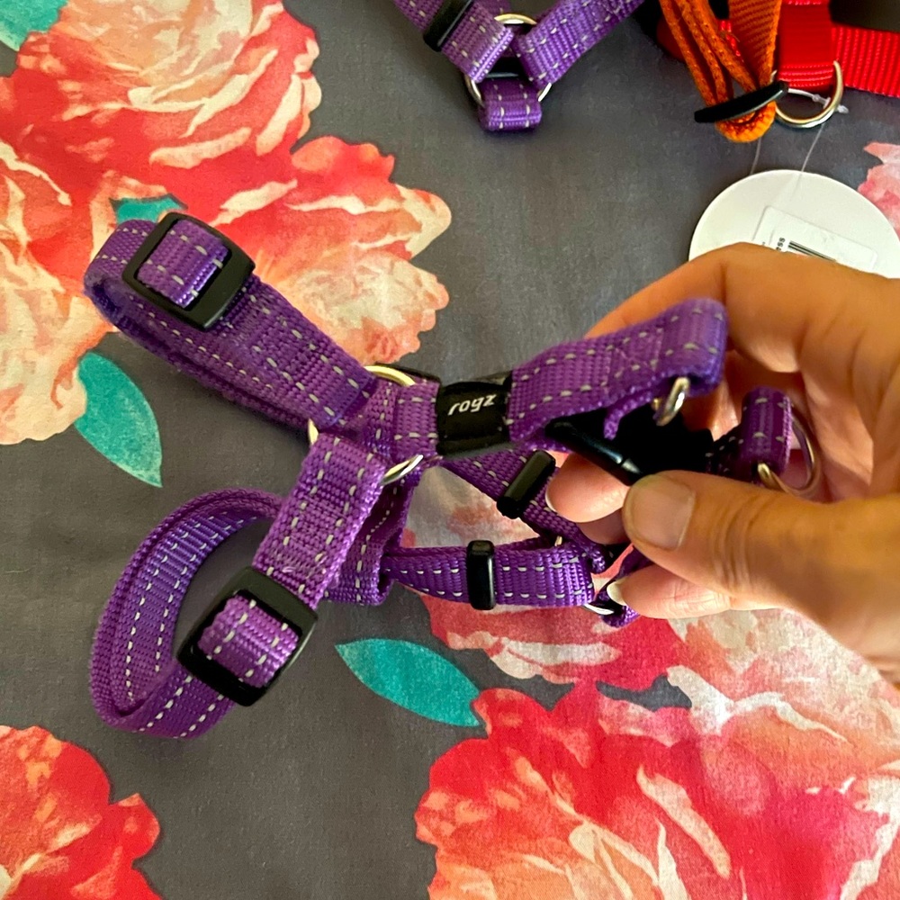 New Rogz purple step in dog harness
